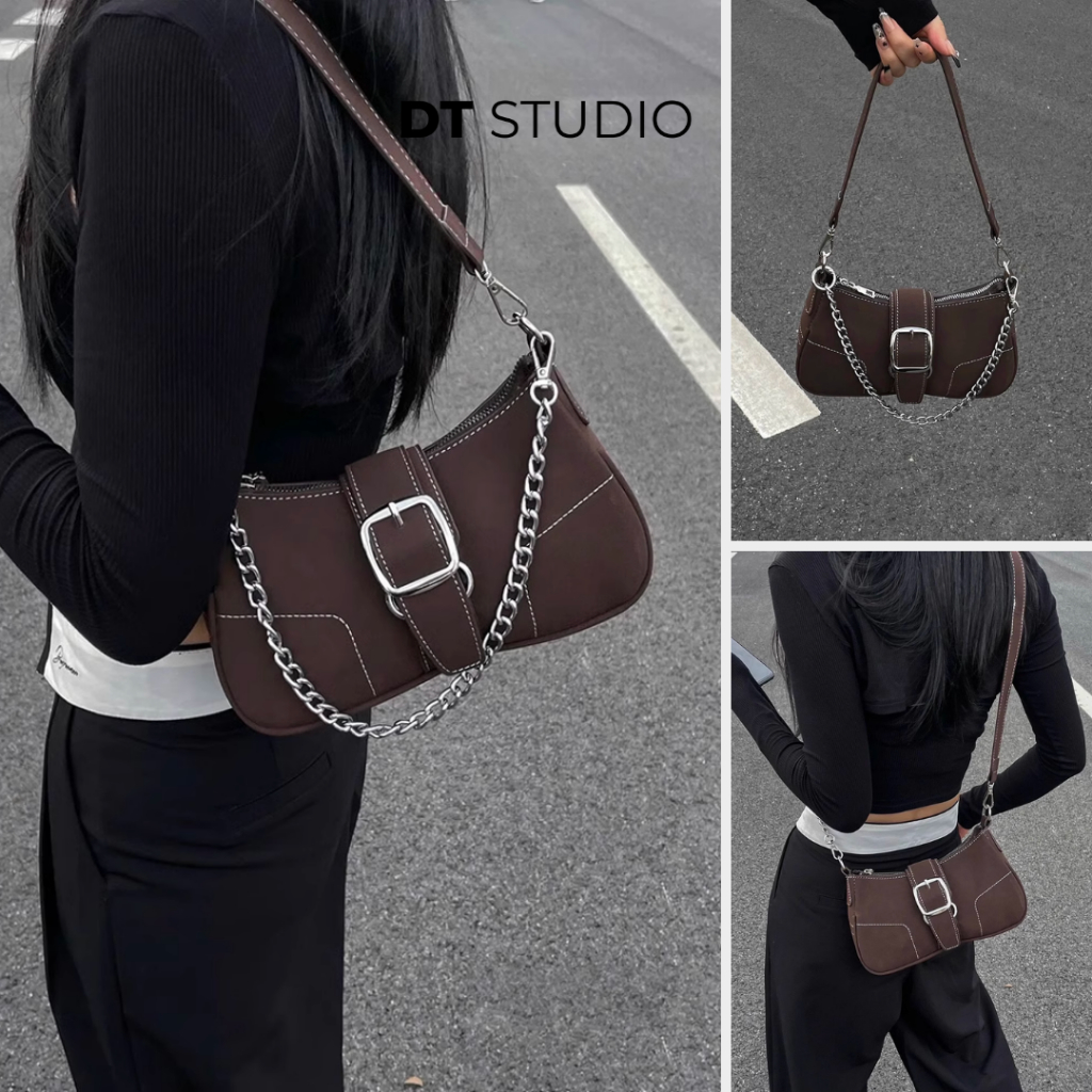 Túi đeo vai y2k da lộn túi sát nách dây xích túi xách nữ retro cao cấp DT016