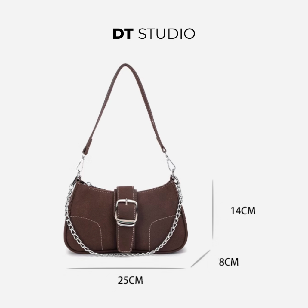 Túi đeo vai y2k da lộn túi sát nách dây xích túi xách nữ retro cao cấp DT016