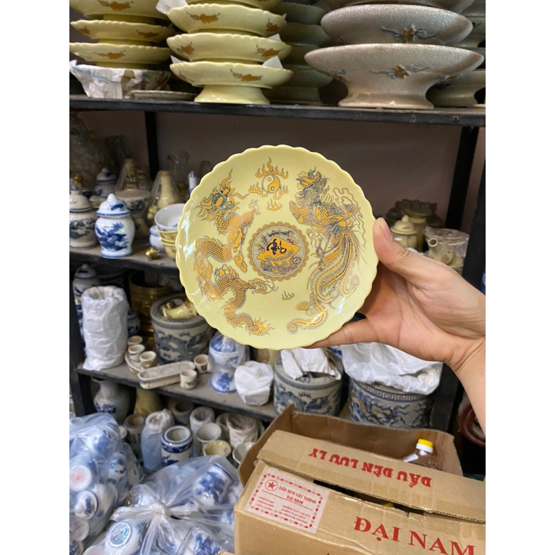 Đĩa Thờ Men Vàng Kim - Đĩa đựng trầu cau - Đĩa thờ