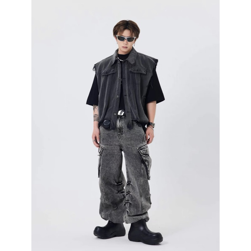 Áo gile jean unisex,form boxy màu xám Raxam