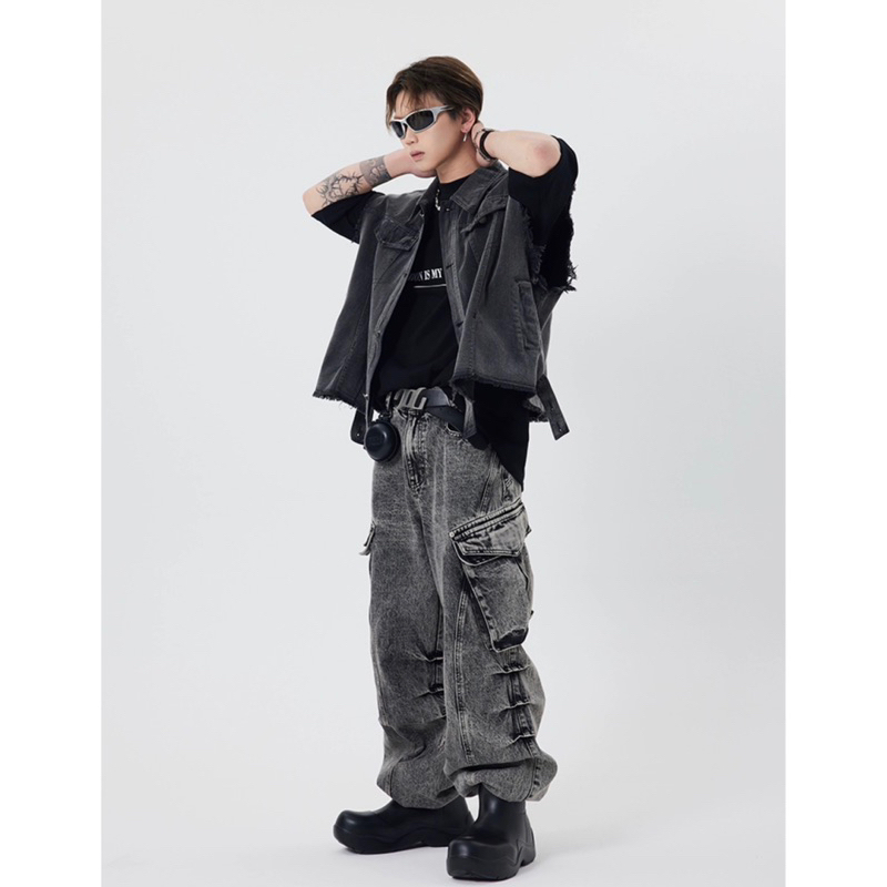 Áo gile jean unisex,form boxy màu xám Raxam