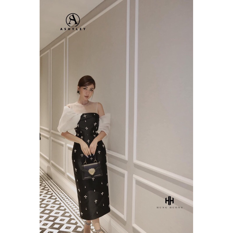 Váy ASHYLEY dài đính đá phối bèo vai sang trọng