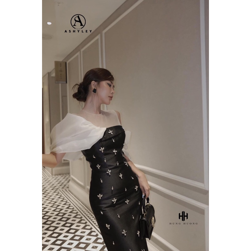 Váy ASHYLEY dài đính đá phối bèo vai sang trọng