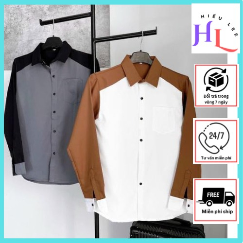 Áo sơ mi tay dài chất  vải cotton lạnh dày dặn phối màu kiểu dáng hàn quốc
