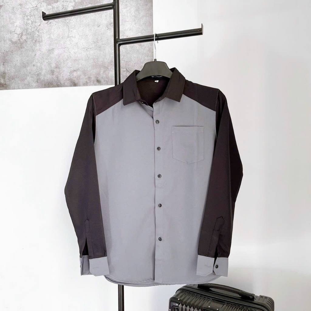 Áo sơ mi tay dài chất  vải cotton lạnh dày dặn phối màu kiểu dáng hàn quốc