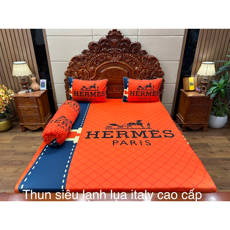 Mẫu Hermes . Bộ chăn ga gối thun lạnh Lụa , nhận may theo yêu cầu