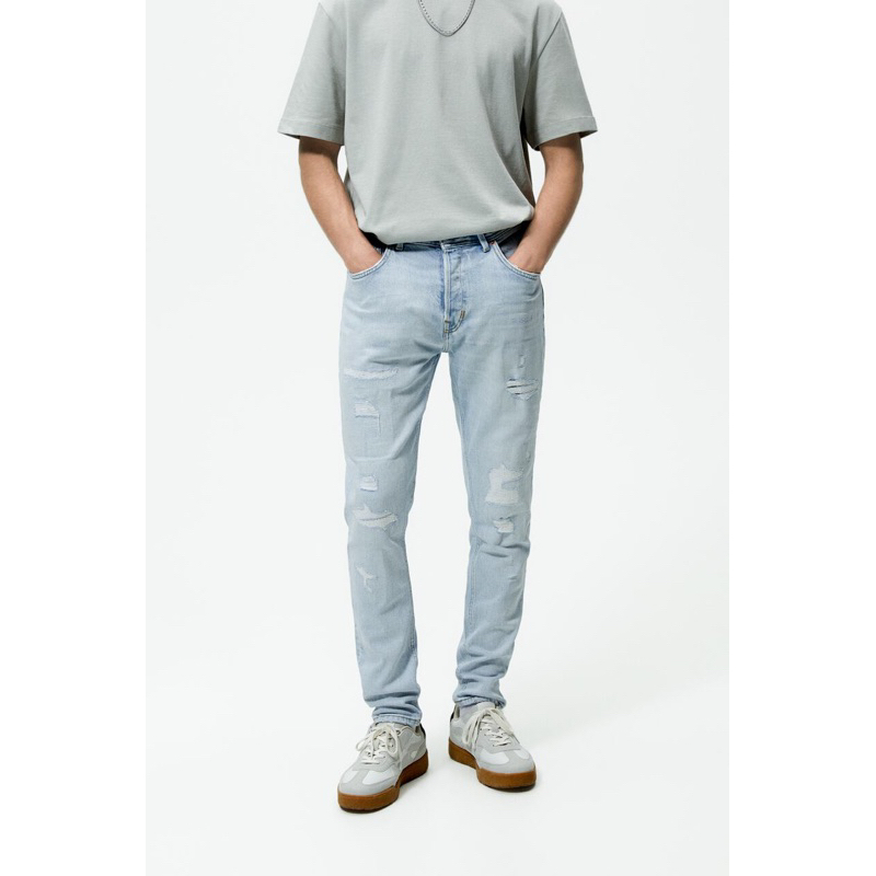 Quần jean xanh nhạt Zara authentic RIPPED SLIM FIT WITH TOPSTITCHING size 30