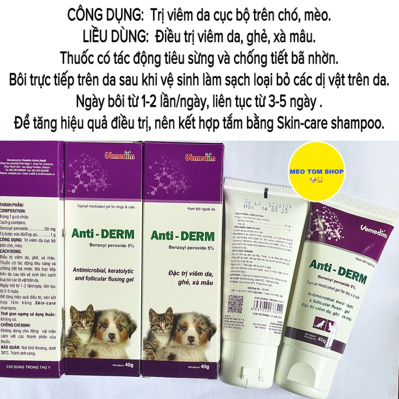Anti derm kem bôi viêm da, ghẻ, xà mâu ở chó mèo