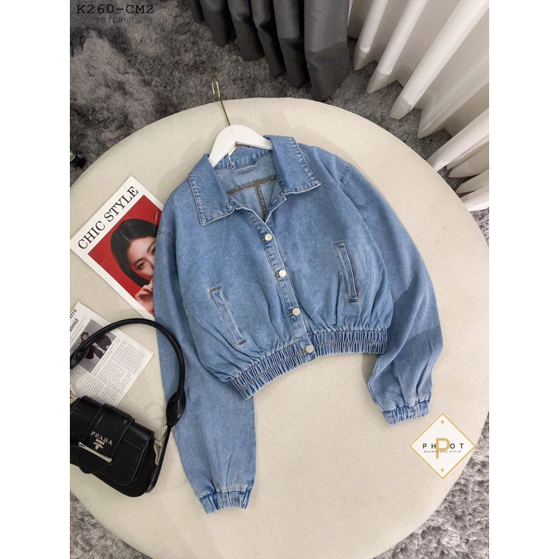 Áo khoác jean bomber bo gấu bản to