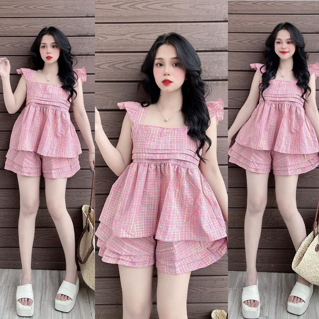 Set Caro hồng áo dáng babydoll cánh tiên + quần đùi tầng