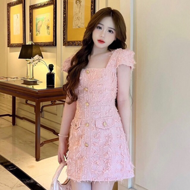 Đầm cổ vuông đính khuy vàng cao cấp ,Váy 2S dự tiệc thanh lịch / jennycloset