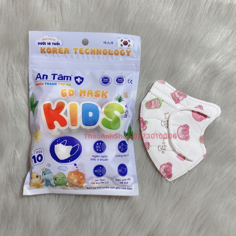 Hộp 10 cái khẩu trang 6D Kids An Tâm dành cho bé 2-6 tuổi đủ hình