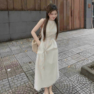 Đầm nữ thanh lịch dáng suông thắt eo siêu xinh dáng dài cổ tròn chất liệu cotton lạnh cho nàng đi chơi và dạo phố M2-05