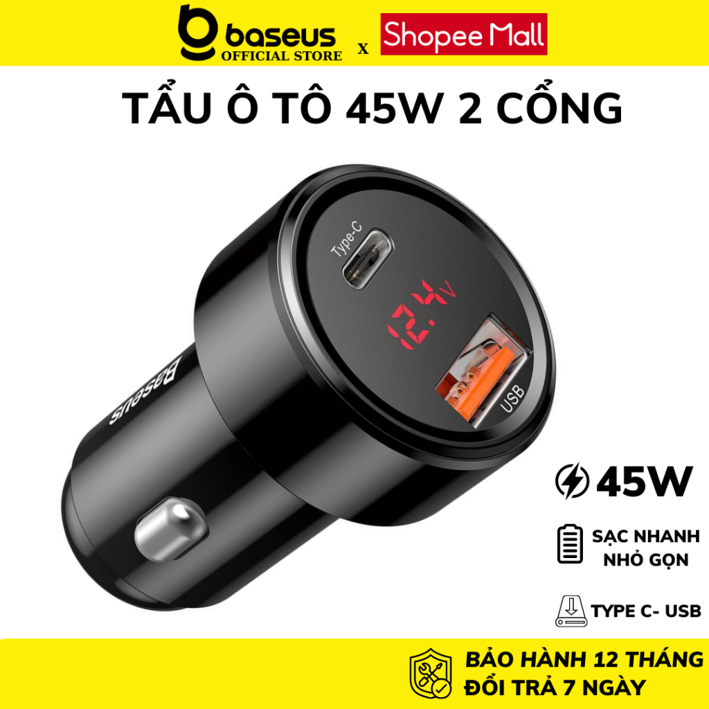 Tẩu sạc nhanh ô tô 45w Baseus cao cấp Cốc nhỏ gọn 2 cổng Usb + TypeC Chống quá tải nhiệt khi sạc.