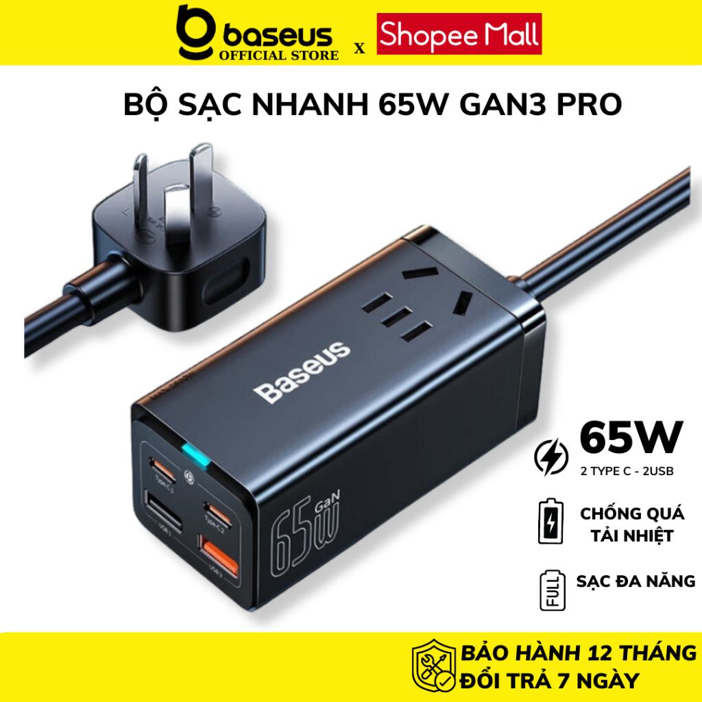 Bộ sạc nhanh 65W tích hợp dây nguồn Baseus GaN3 Pro 65w AC + 2U + 2C cho laptop macbook iP Samsung