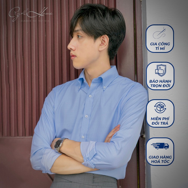 Sơ mi nam màu xanh nhạt cổ button down vải bamboo chống nhăn, mặc mát -Gentlehome
