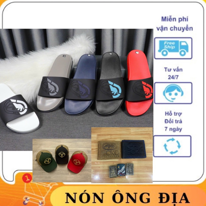 Dép da nam  ông địa quai ngang Ecko logo dập nổi có video review
