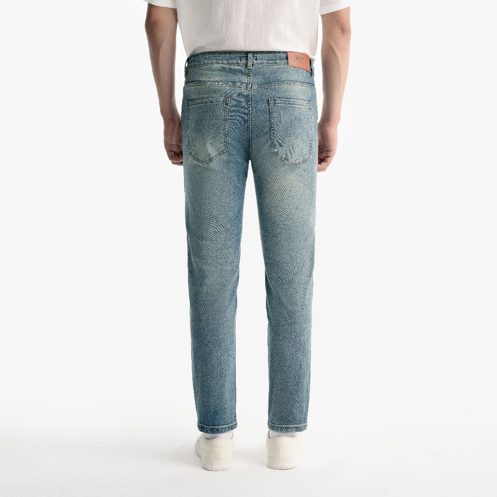 Quần jean nam ROWAY Fullbox, vải denim co giãn nhẹ, form slim | Jean xanh trơn