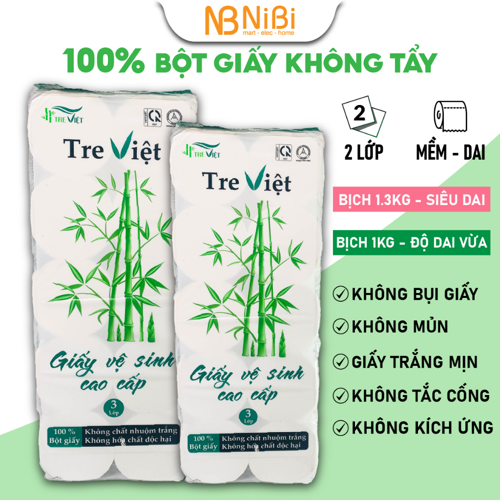 Giấy vệ sinh Tre Việt 1.3KG siêu dai không mủn, giấy vệ sinh 10 cuộn mềm mịn