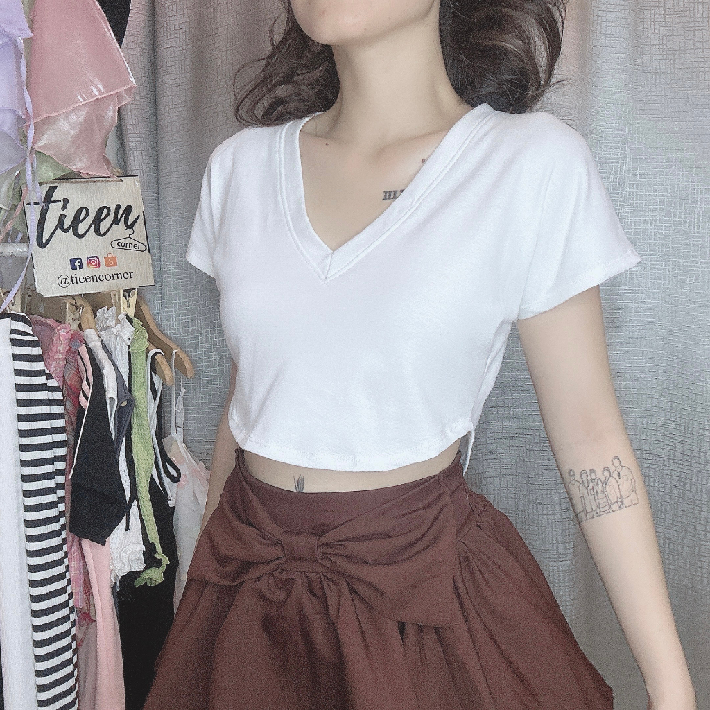 Áo croptop tay ngắn form rộng basic vạt bầu cánh dơi cổ tim tieencorner 388