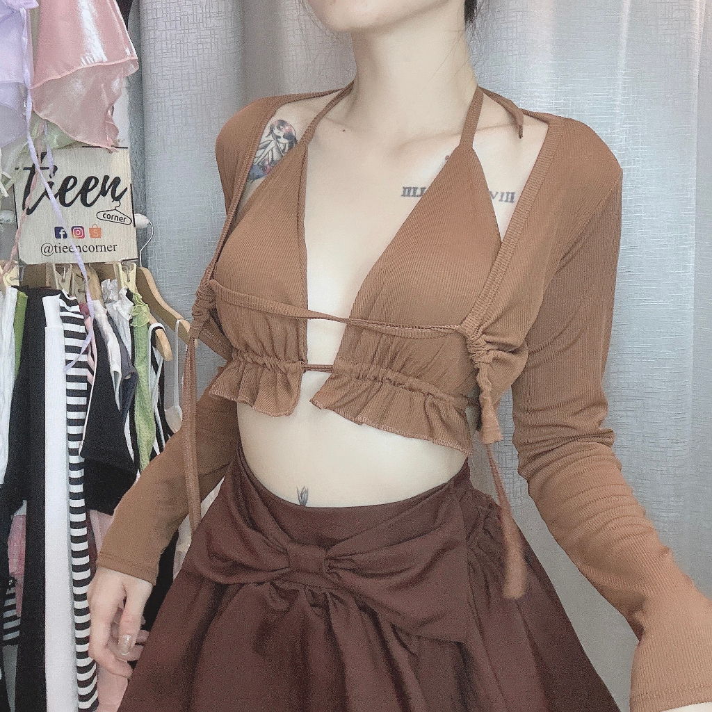 Set 2 áo nữ croptop tay dài khoen ngực ngoài kèm áo bikini sexy tieencorner 359