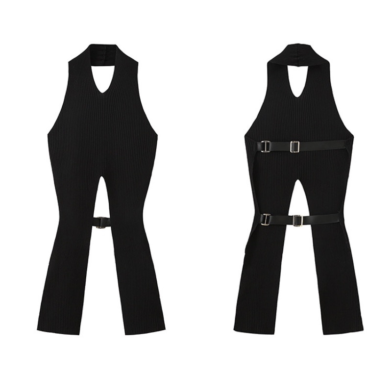 （Sẵn) Jennie cùng phong cách màu đen treo cổ slim fit hở lưng thiết kế áo vest dệt kim top