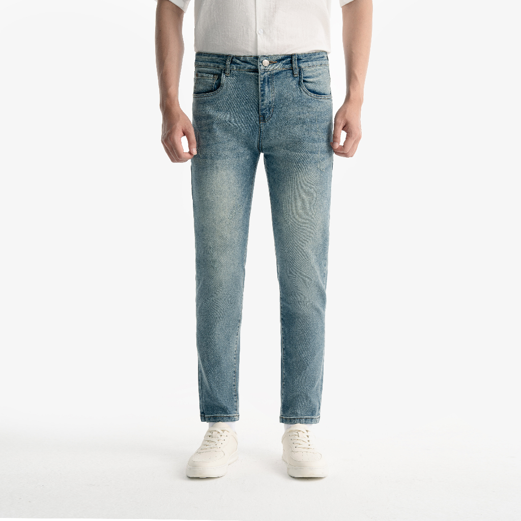 Quần jean nam ROWAY Fullbox, vải denim co giãn nhẹ, form slim | Jean xanh xước