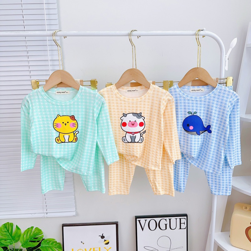 NT228 Bộ dài tay thun lạnh Minky Mom hoạ tiết sọc caro in hình thú dễ thương cho bé