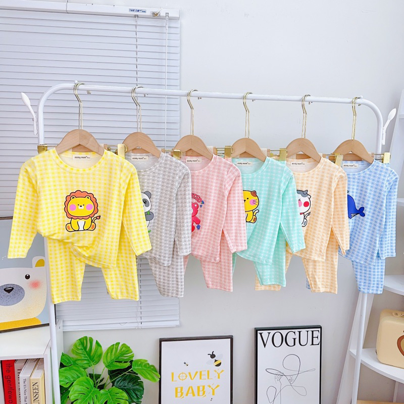 NT228 Bộ dài tay thun lạnh Minky Mom hoạ tiết sọc caro in hình thú dễ thương cho bé