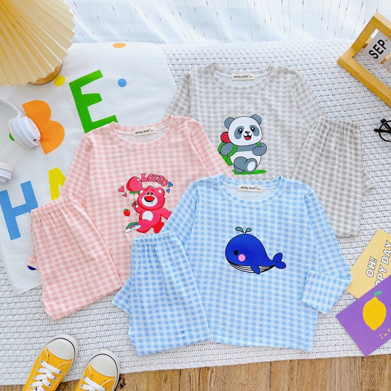 NT228 Bộ dài tay thun lạnh Minky Mom hoạ tiết sọc caro in hình thú dễ thương cho bé