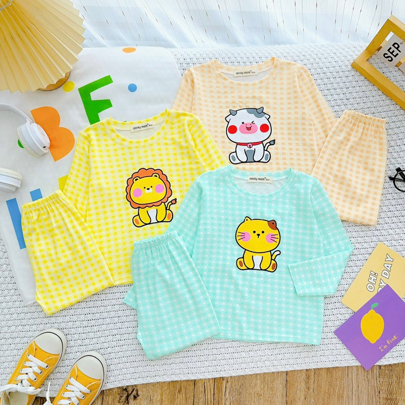 NT228 Bộ dài tay thun lạnh Minky Mom hoạ tiết sọc caro in hình thú dễ thương cho bé