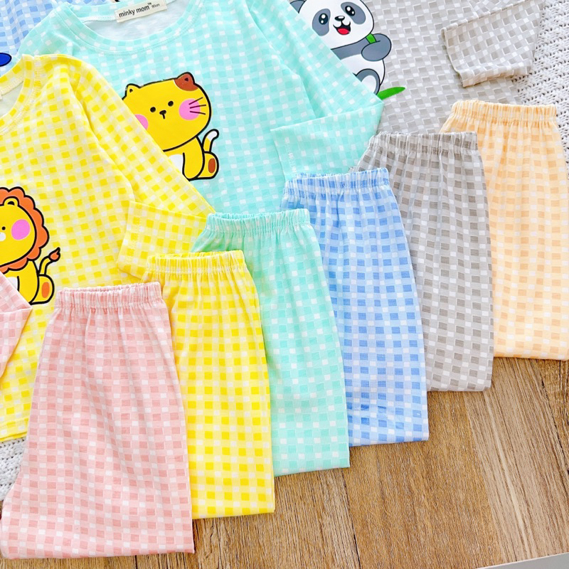 NT228 Bộ dài tay thun lạnh Minky Mom hoạ tiết sọc caro in hình thú dễ thương cho bé