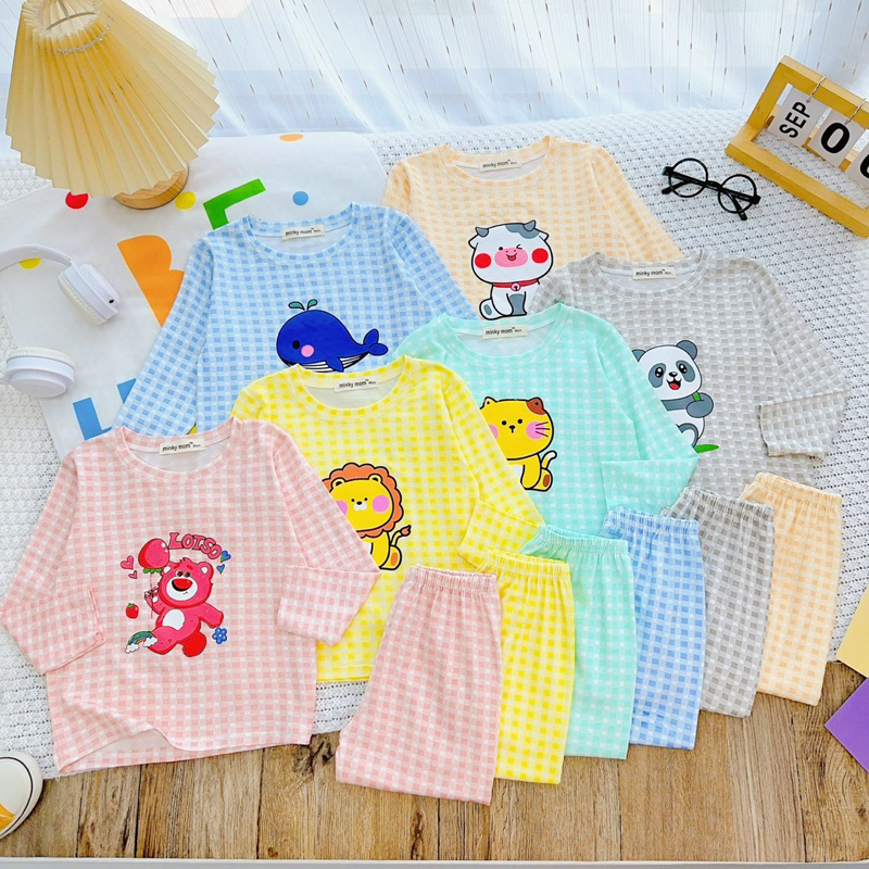 NT228 Bộ dài tay thun lạnh Minky Mom hoạ tiết sọc caro in hình thú dễ thương cho bé