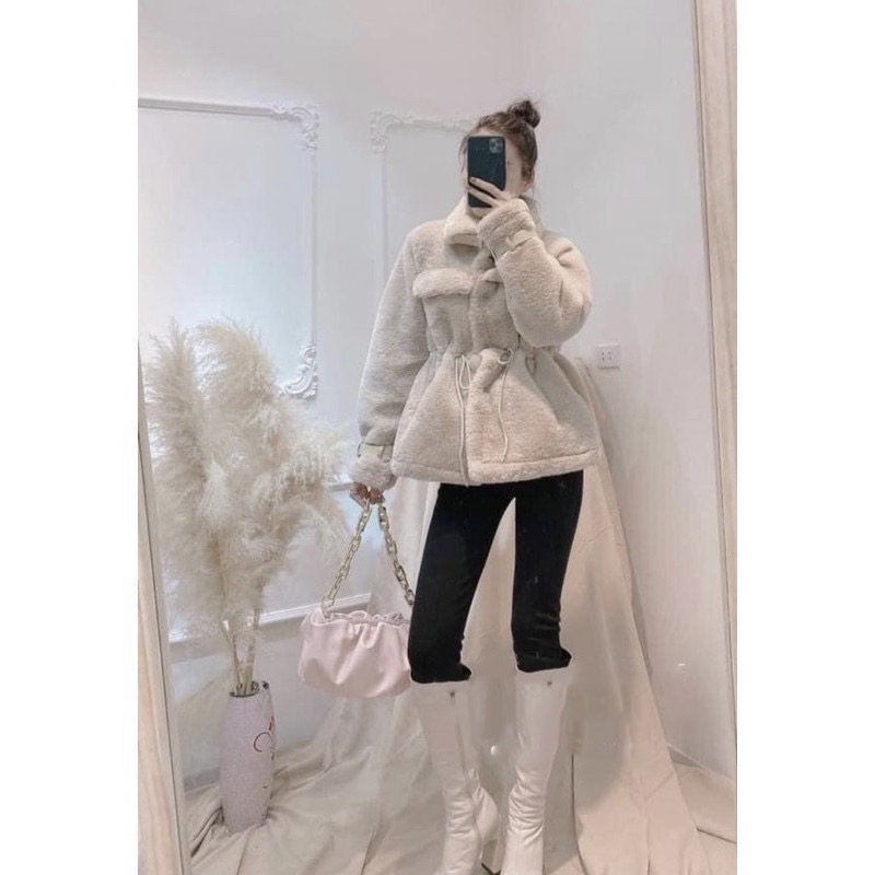 Áo khoác lông rút eo tay đai da