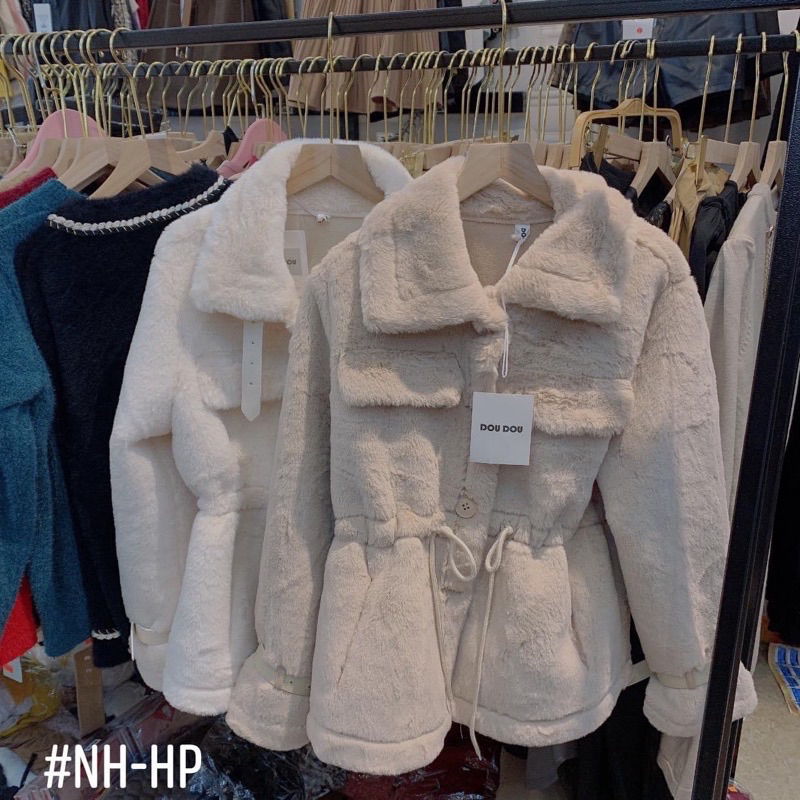 Áo khoác lông rút eo tay đai da