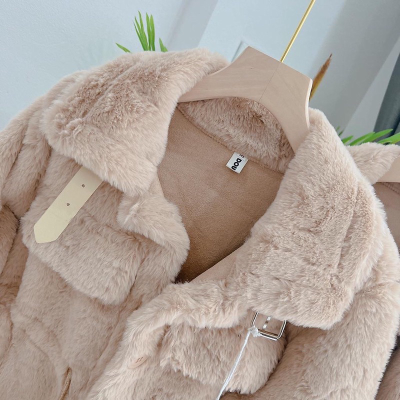 Áo khoác lông rút eo tay đai da