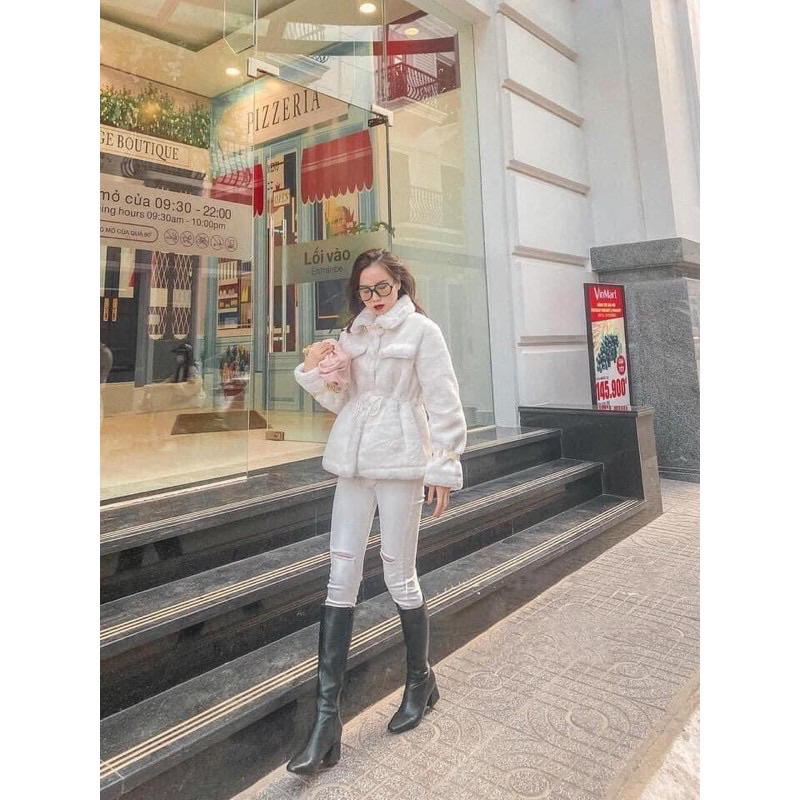 Áo khoác lông rút eo tay đai da