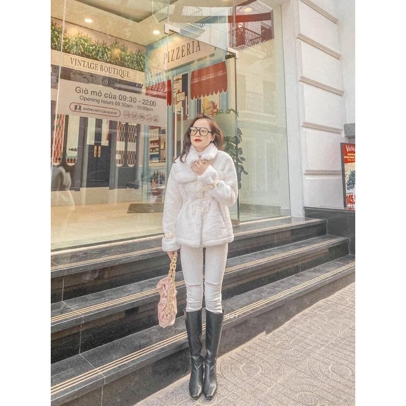 Áo khoác lông rút eo tay đai da