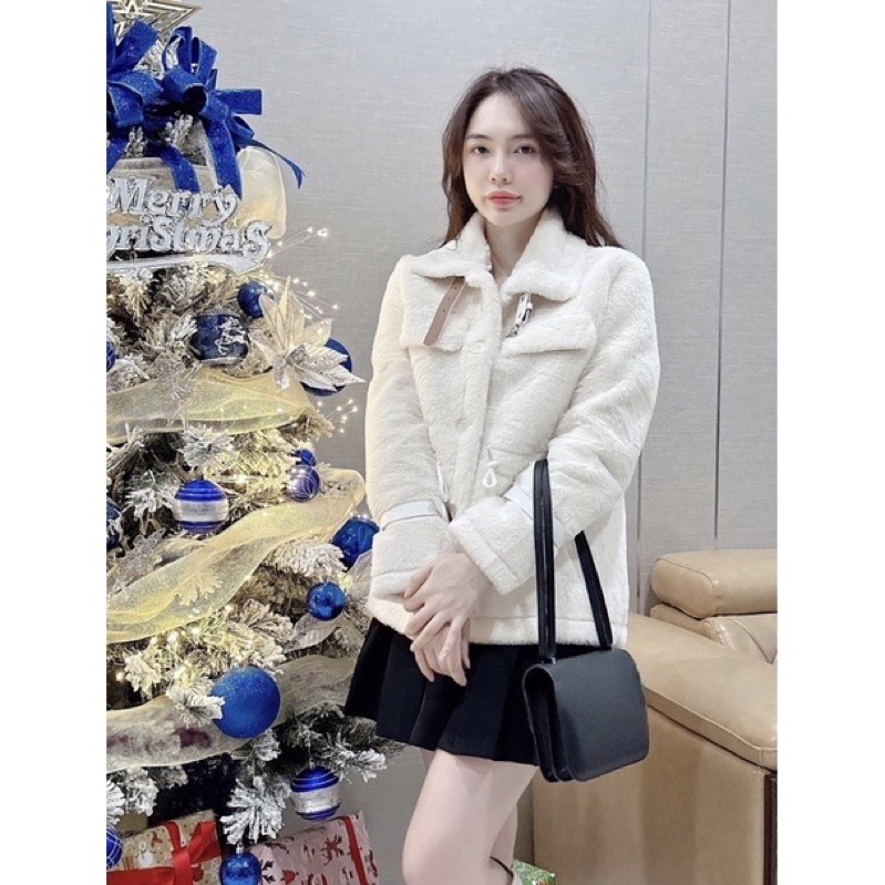 Áo khoác lông rút eo tay đai da