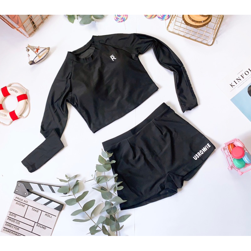 Đồ bơi bikini nữ dài tay quần đùi cạp cao đen đơn giản tôn dáng