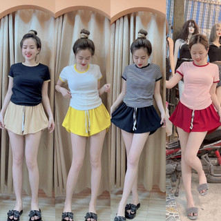 Set áo thun gân viền màu kèm quần đùi xòe chất thun gân đủ màu