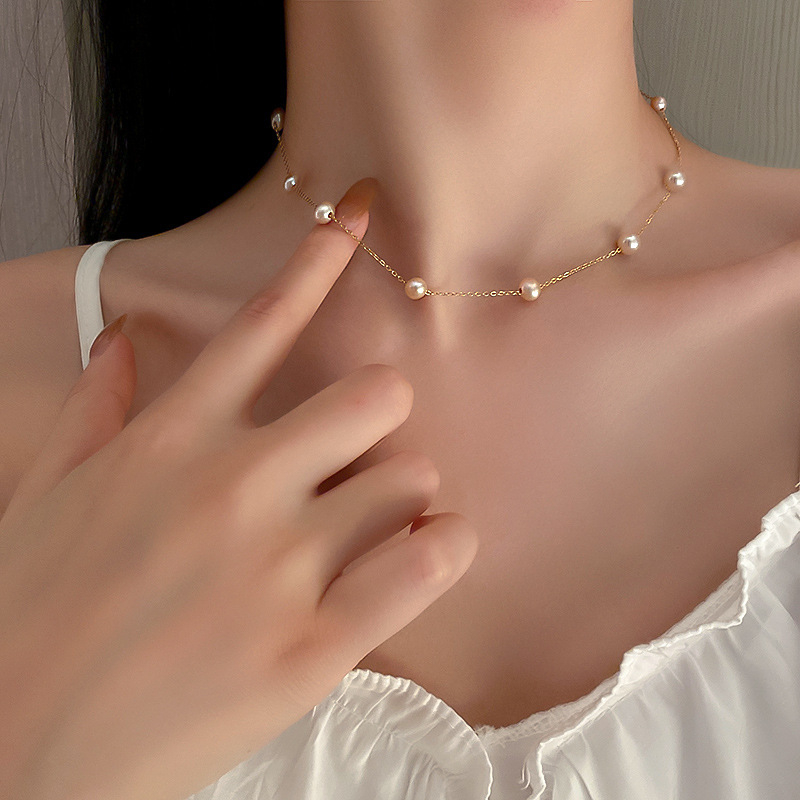 Vòng cổ chocker dây chuyền phối hạt trai so le sợi mảnh sang trọng nữ tính Hàn Quốc Tatitava