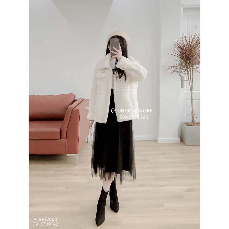 Áo khoác lông rút eo tay đai da