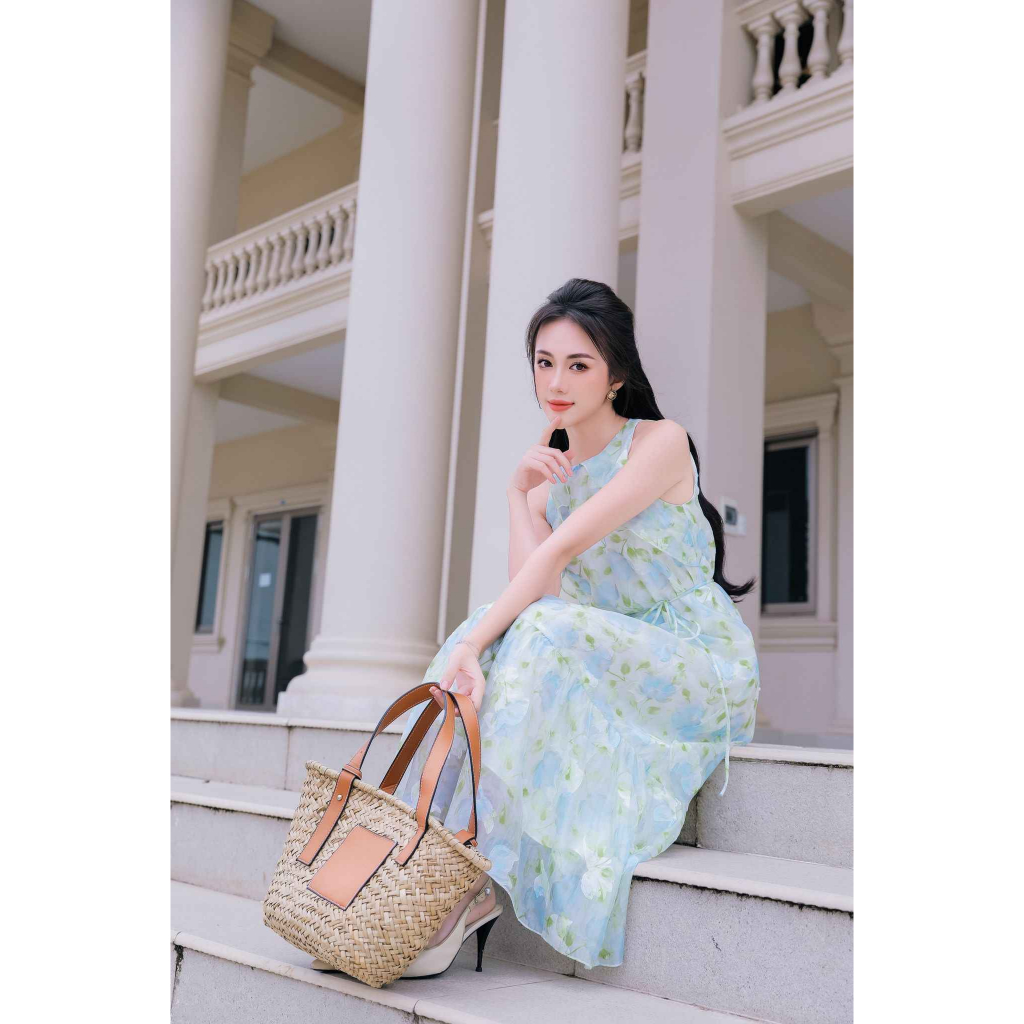 Đầm chữ A Lamia Design LD211 maxi dáng xòe phối đai màu xanh tím pastel