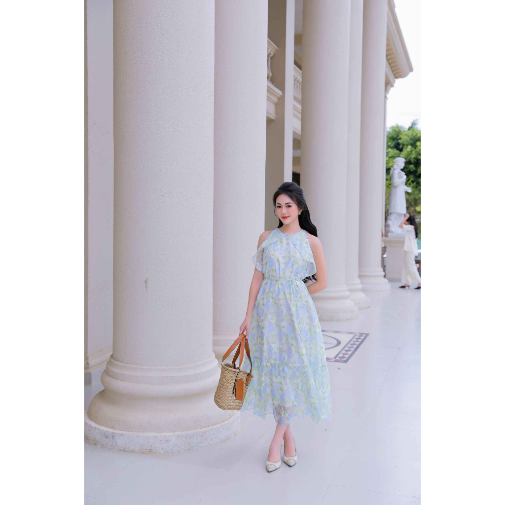 Đầm chữ A Lamia Design LD211 maxi dáng xòe phối đai màu xanh tím pastel