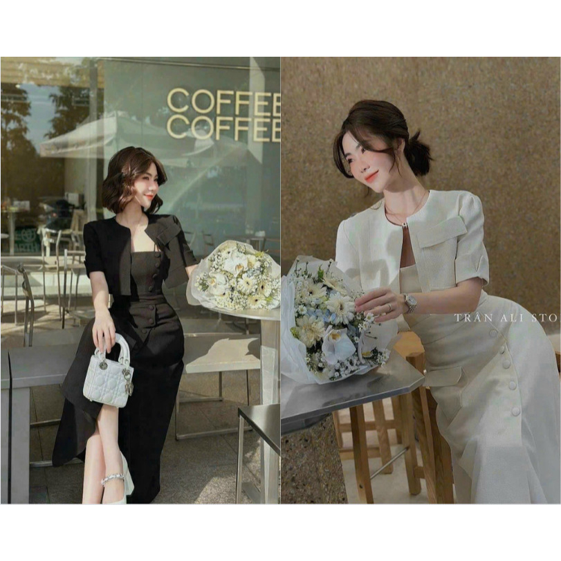 Set Đầm 2 Dây Kèm Khoác, Đầm Midi Dáng Dài Đính Hàng Nút Nắp Túi Giả Thời Trang Nữ Xinh