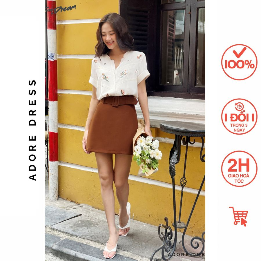 Aó sơ mi Shirts official style giả đũi trơn cream thêu 311SH1016 ADORE DRESS