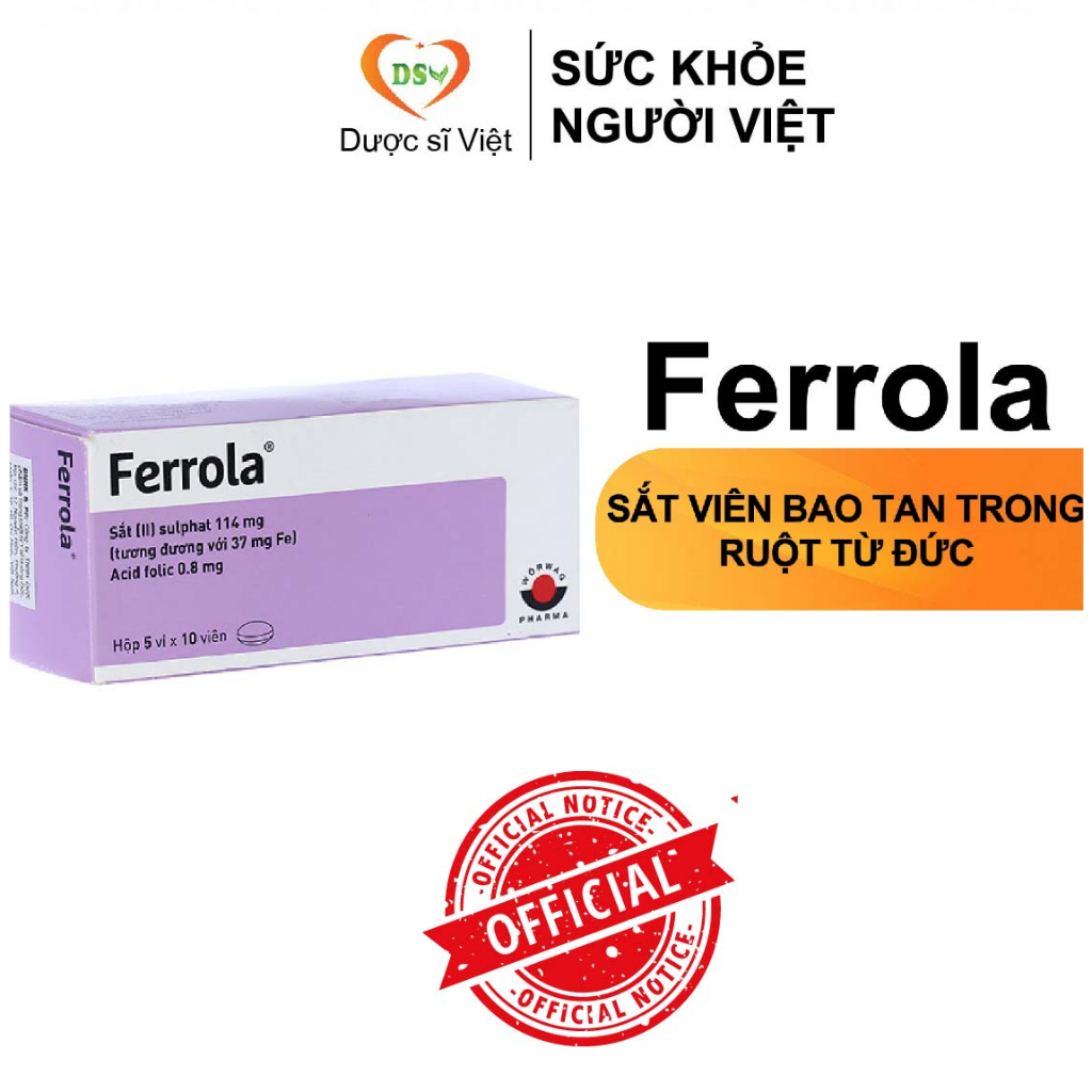 Ferrola: Sắt và Acid Folic - Viên bao tan trong ruột từ Đức - Bổ sung sắt & acid folic cho người thiếu máu