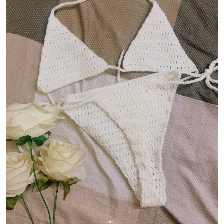 Set Bikini Caro Hồng Trắng, Bra Len Móc - xanhlanhes