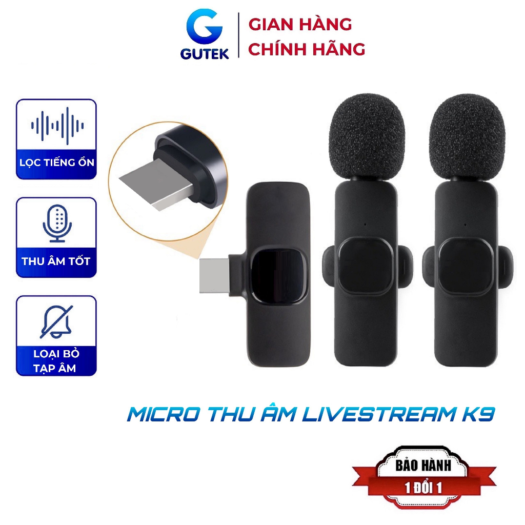 Micro thu âm không dây cài áo Gutek K9 khử tiếng ồn để livestream livetream ghi âm phát trực tiếp quay video